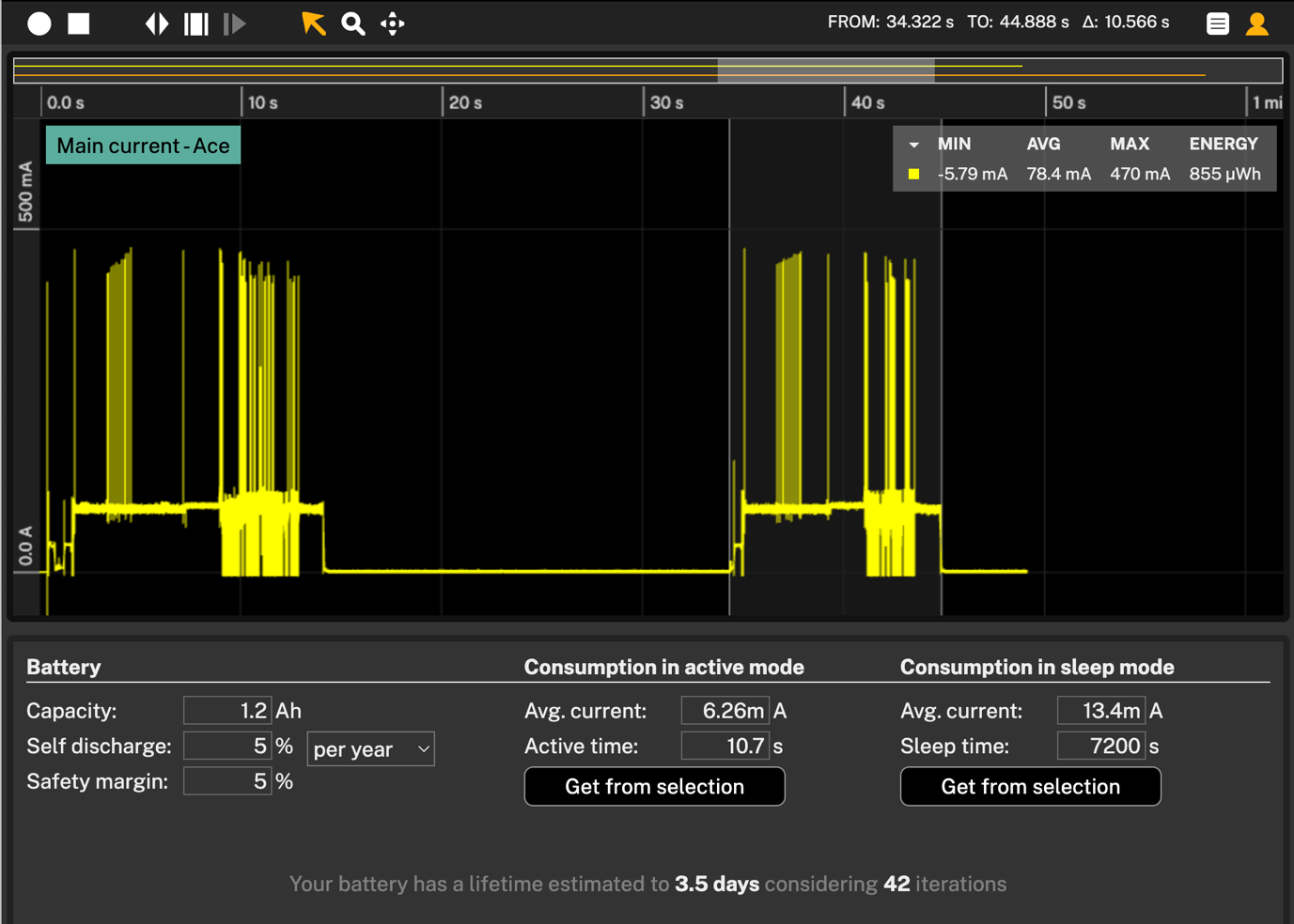 Battery life estimation can be done with Otii Ace Pro on measured data.